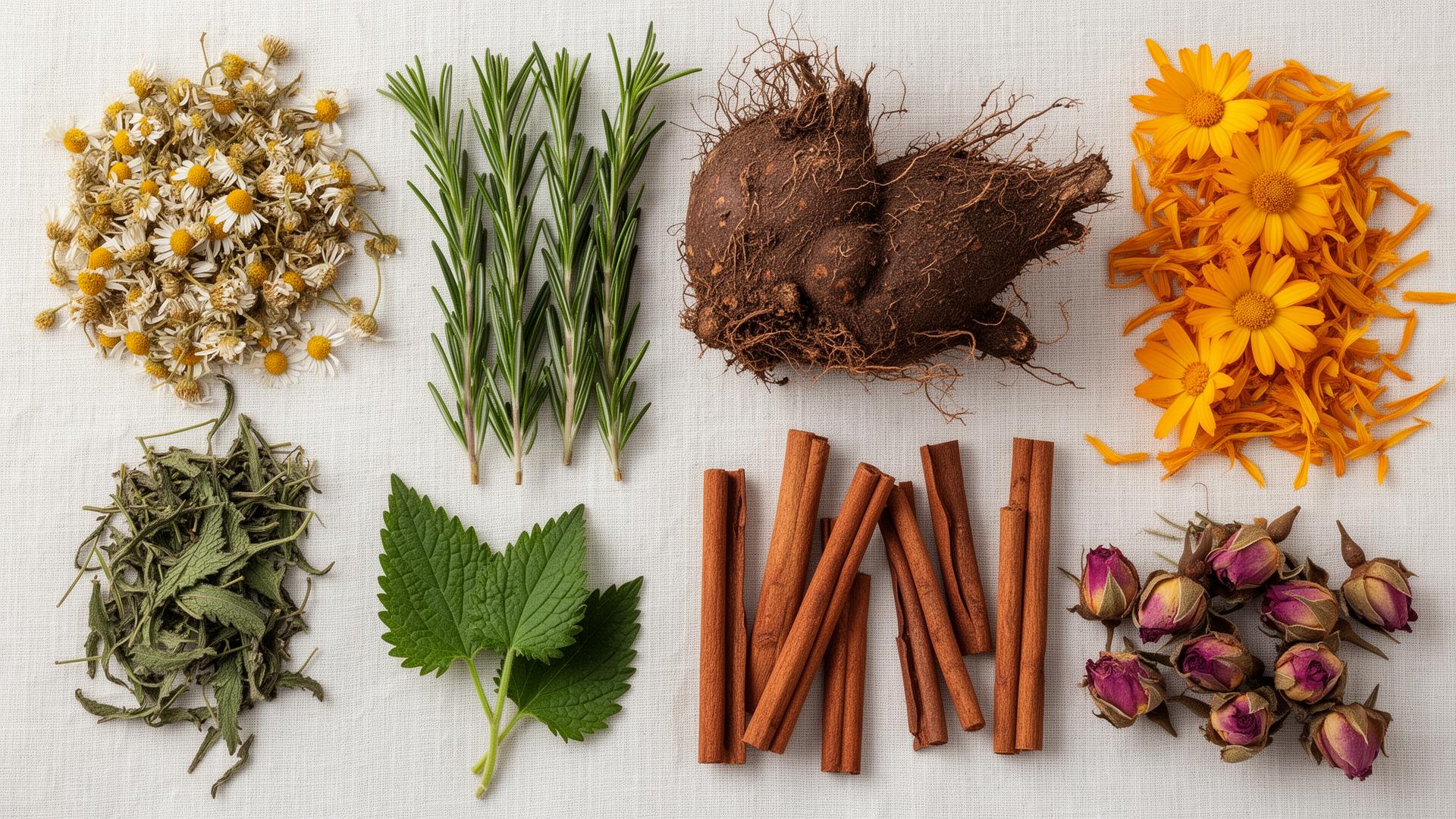 Macro flat-lay of raw medicinal herbs